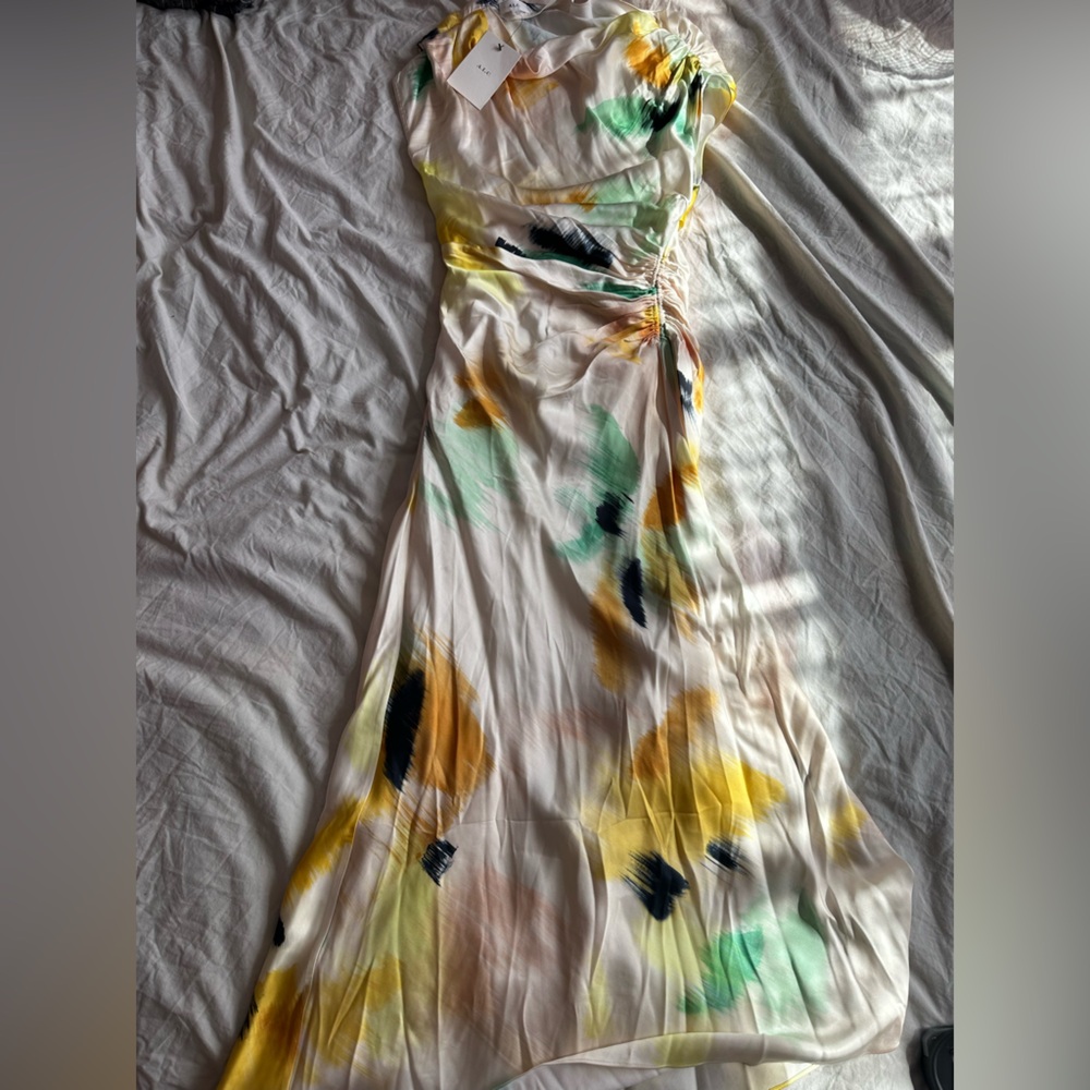 A.L.C One Shoulder Abstract Print Ruched Maxi Dress Size 0 Multicolor Silk Blend - Picture 4 of 16